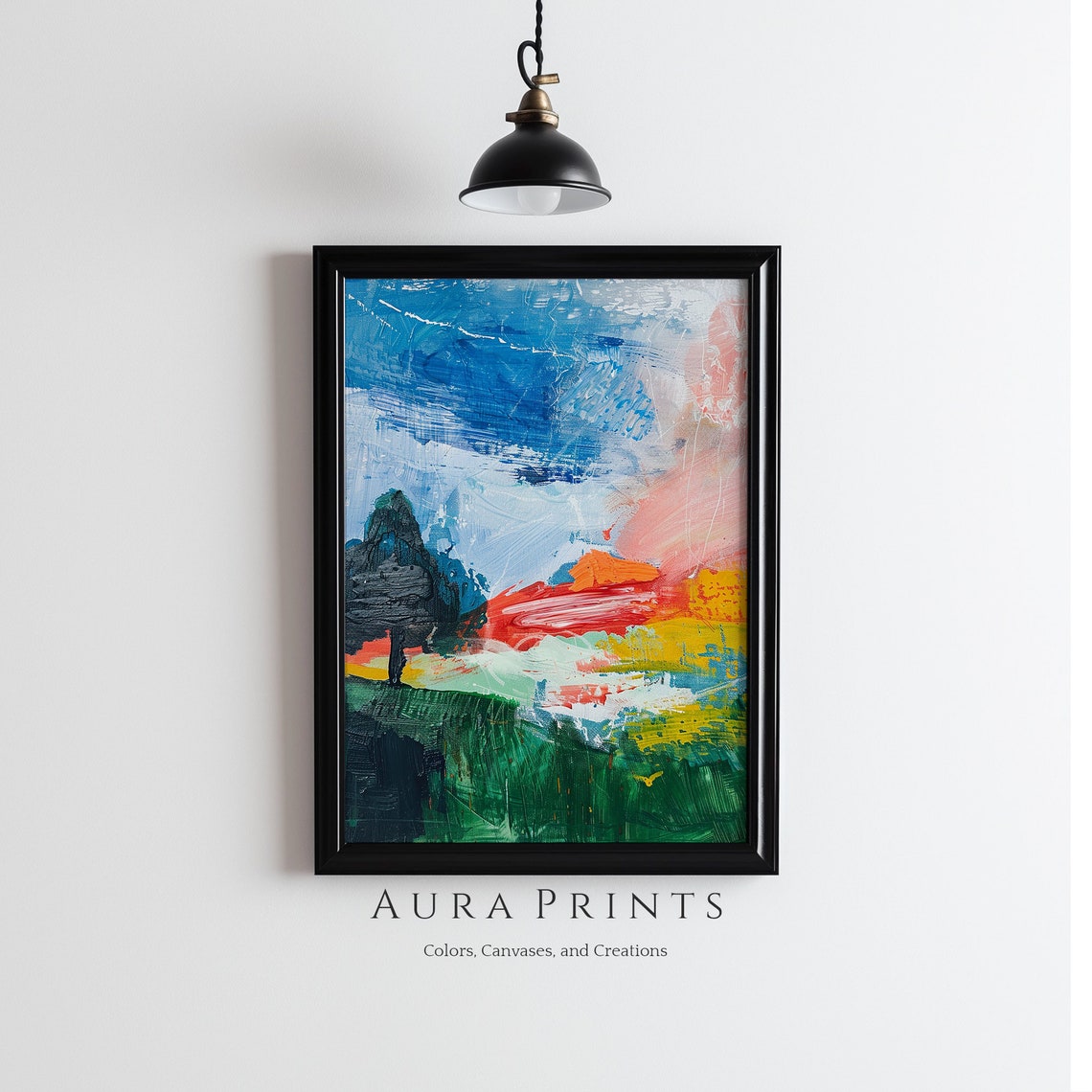 Expressive Abstract Landscape Bold Blue Green Sunset Impasto Wall Art