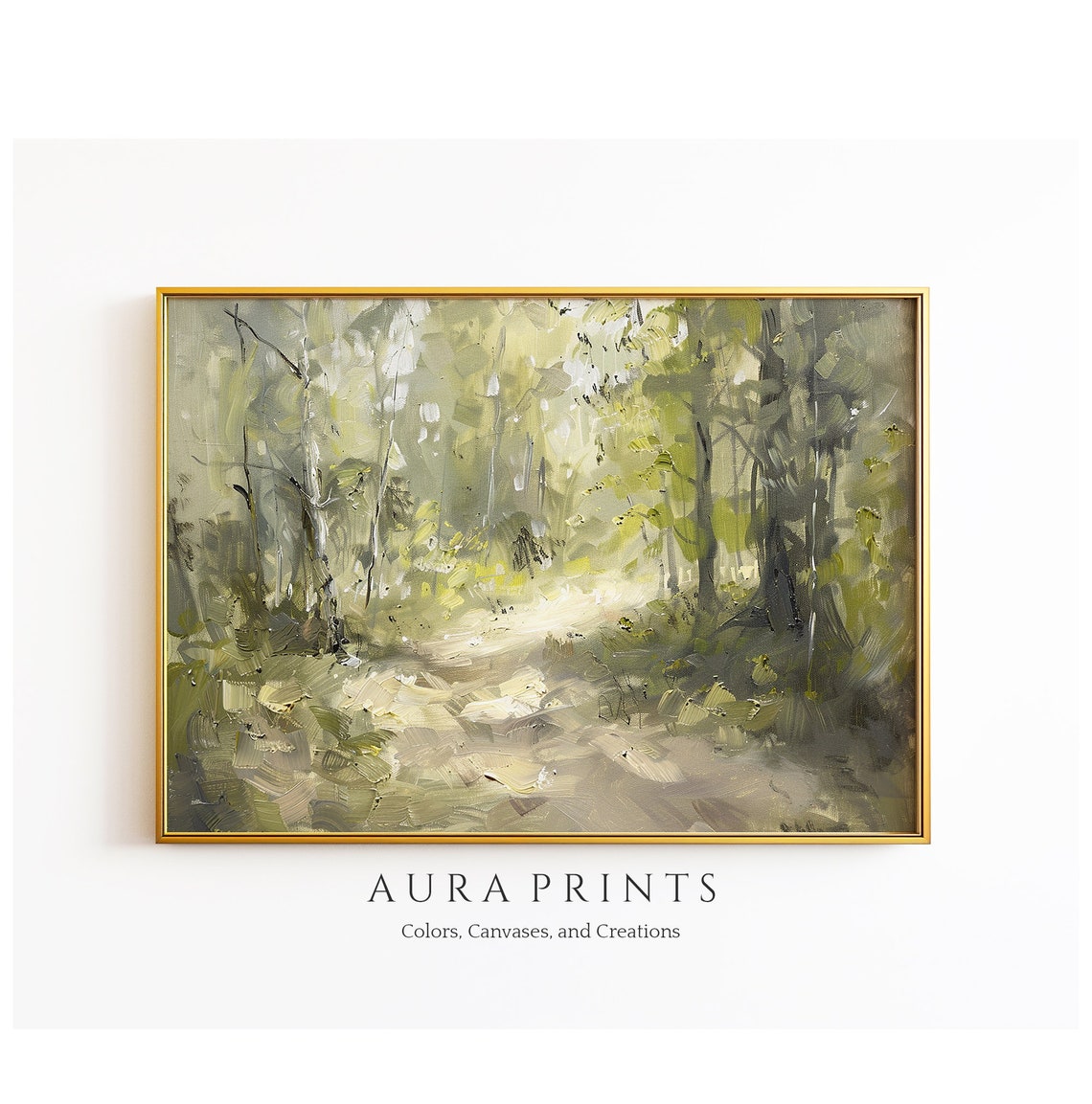Tranquil Forest Path Sunlit Trees Impressionist Landscape Art Poster