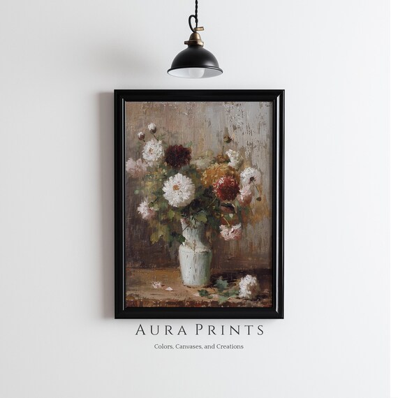 Moody Vintage Dahlia Bouquet in White Vase Dark Floral Still Life Poster