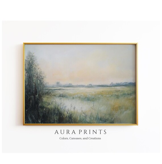 Soft Rural Wetland Landscape Vintage Oil Painting Neutral Tones Wall Art