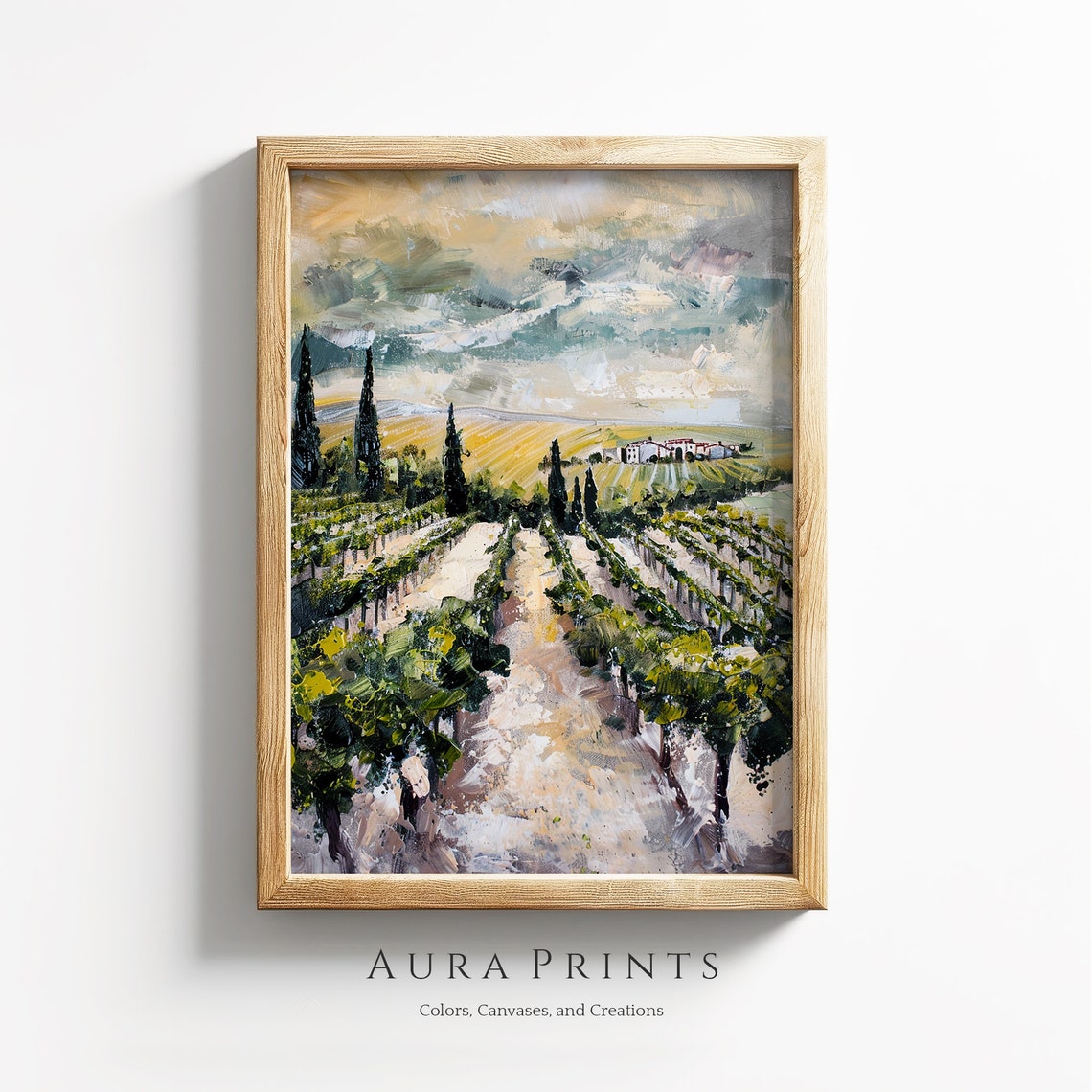 European Vineyard Rows Cypress Trees Golden Dawn Impressionist Poster