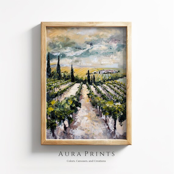 European Vineyard Rows Cypress Trees Golden Dawn Impressionist Poster