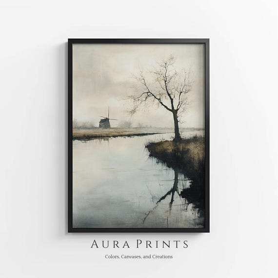 Windmill By Calm River Painting Open Fields Vintage Wall Art 1206