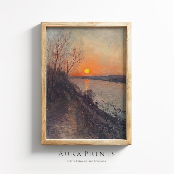 Sunset Over Wide River Impressionist Orange Sky Oil Painting Poster