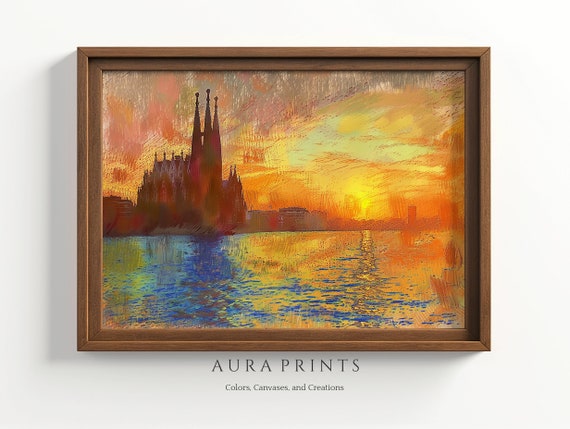 La Sagrada Familia Evening Glow Monet Impressionist Cityscape Radiant Sky Painting Wall Art Luminous Reflection 00075