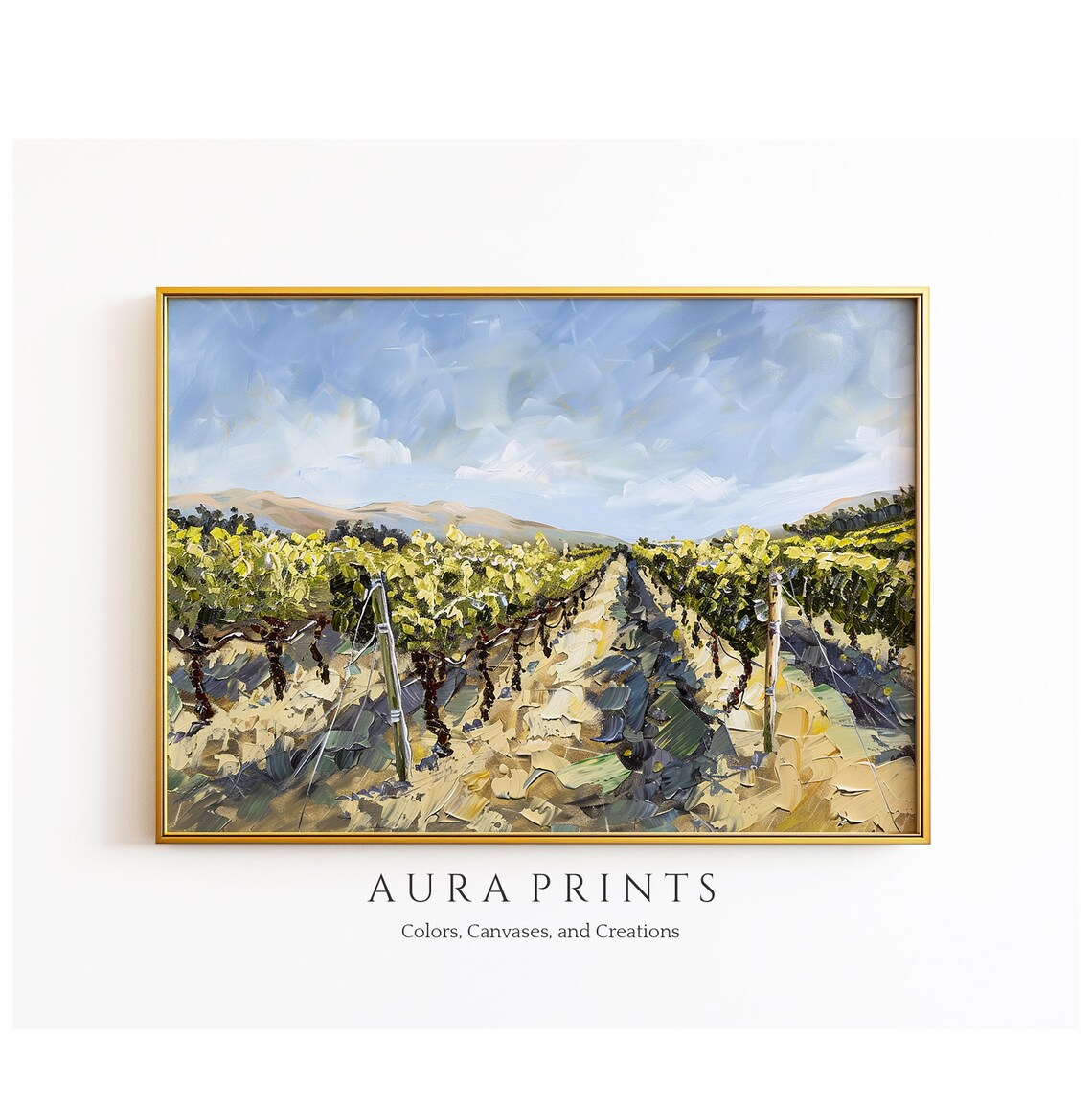Golden Vineyard Rows at Sunset Textured Impasto Oil Painting Poster
