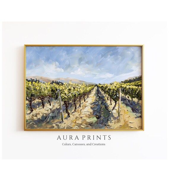 Golden Vineyard Rows at Sunset Textured Impasto Oil Painting Poster