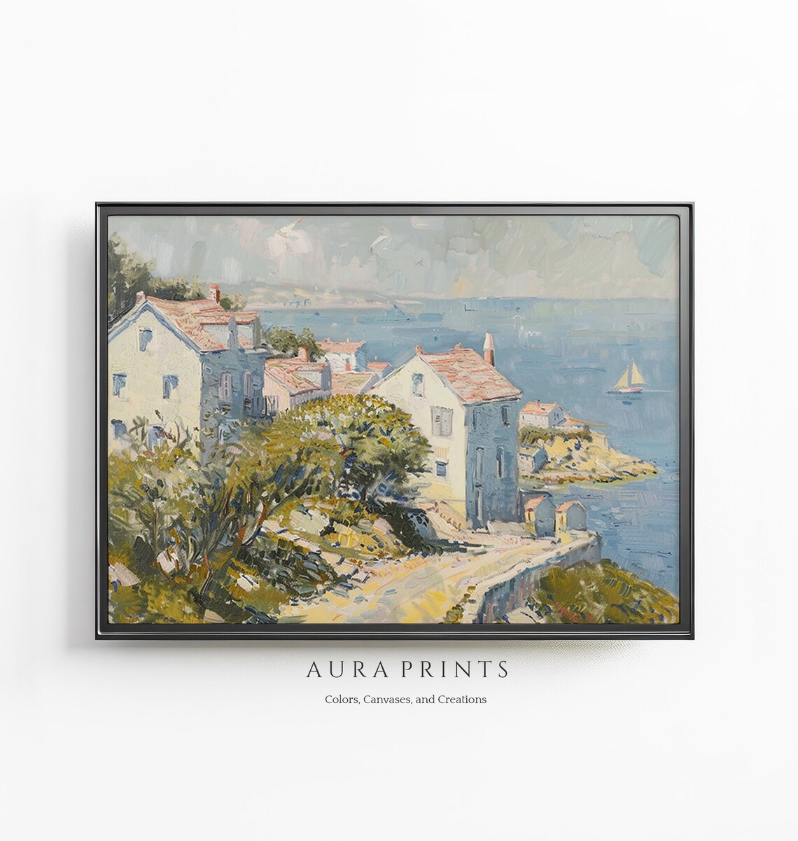 European Coastal Village Red Roof Houses Sailboat Summer Sea Poster
