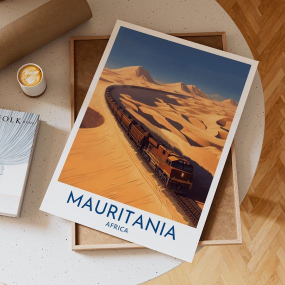 Mauritania Africa Travel Poster Featuring Iconic Iron Ore Train Crossing Sahara Desert With Golden Sand Dunes And Rugged Landscape View