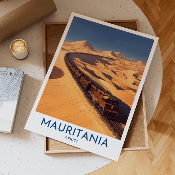 Mauritania Iron Ore Train Sahara Golden Dunes Vintage Travel Poster