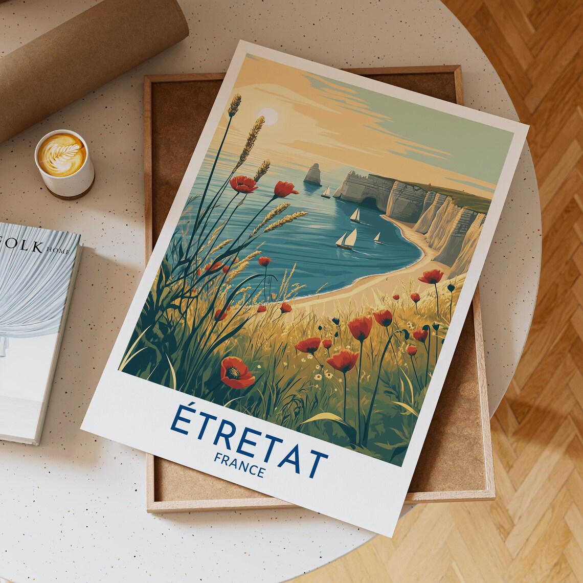 Etretat France Sunset Cliffs Sailboats Wildflowers Travel Poster