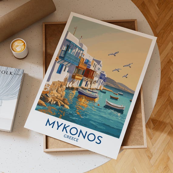 Mykonos Greece Travel Wall Art Print With Boats Colorful Balconies And Sunset Seaside Illustration Coastal Home Poster Unique