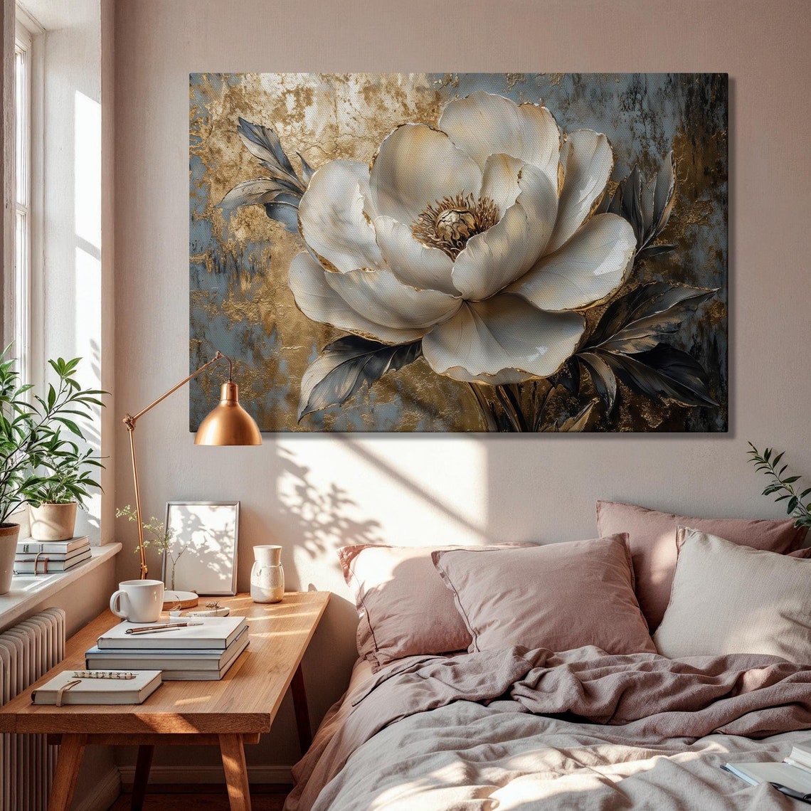 White Peony Close Up Gold Leaf Slate Bloom Panoramic Luxury Art Poster
