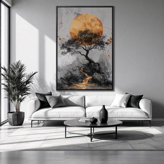 Bonsai Black Tree Framed Print Harmony Golden Moon Luxury Art Japanese Landscape Painting Print Zen Nature Decor Ready To Hang
