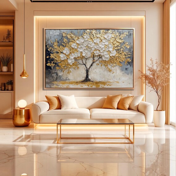 Golden And White Blooms Tree Framed Print Elegance Nature Luxury Art Gold Foliage Painting Print Fine Art Decor Ready To Hang
