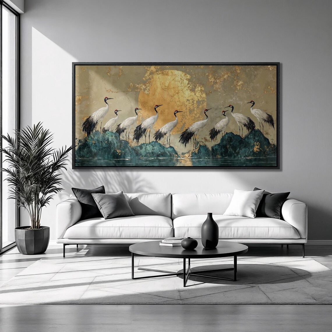 Japanese Cranes, Golden Moon Zen Poster Print
