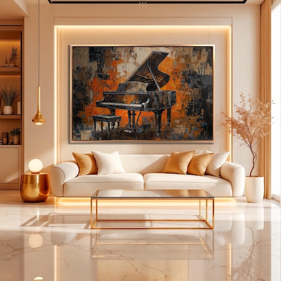 Black Grand Piano Expressionism Painting Gold Orange Music Wall Art Poster