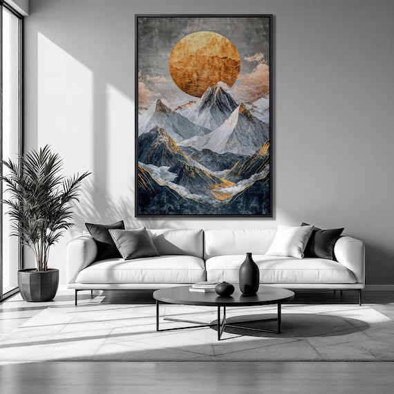 Golden Sun Framed Print Majestic Snowy Mountain Peaks Luxury Art Abstract Landscape Painting Print Fantasy Decor Ready To Hang