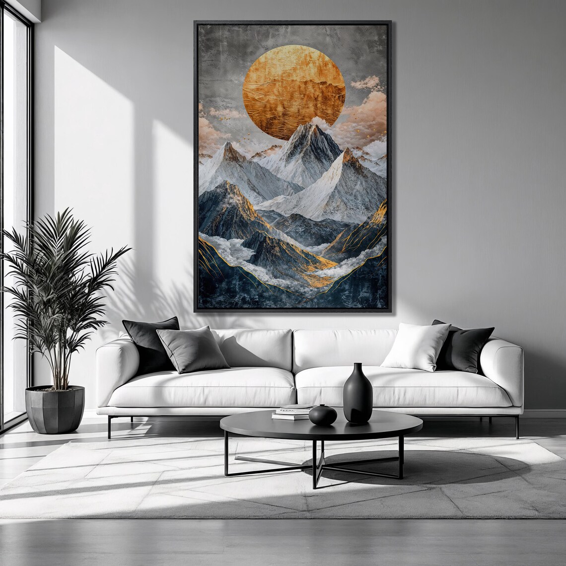 Golden Sun Over Snowy Mountain Peaks Pink Clouds Fantasy Art Poster
