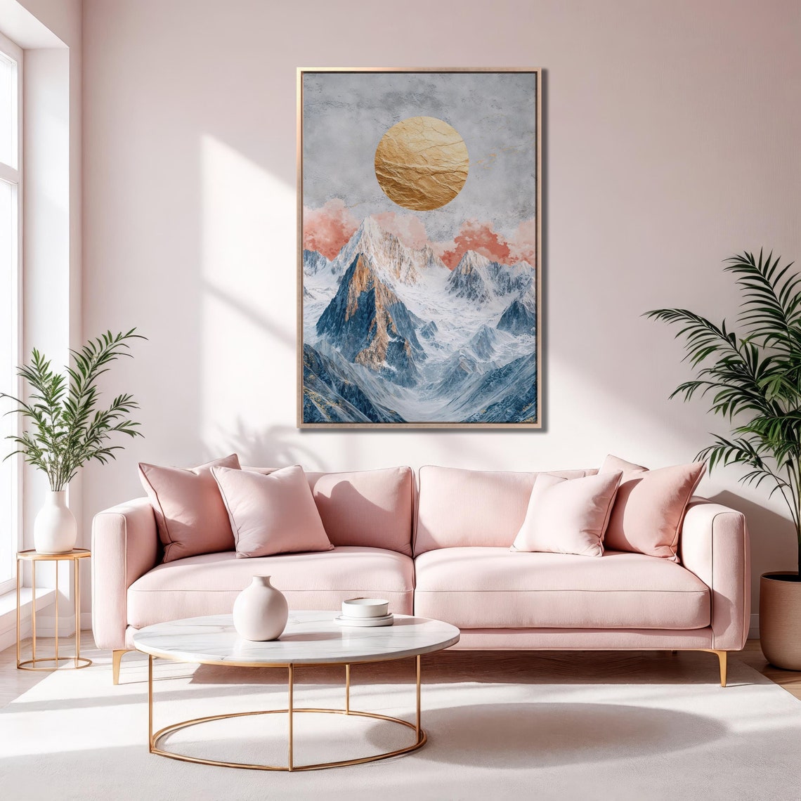 Golden Sun Snowy Peaks Pink Clouds Abstract Luxury Landscape Poster