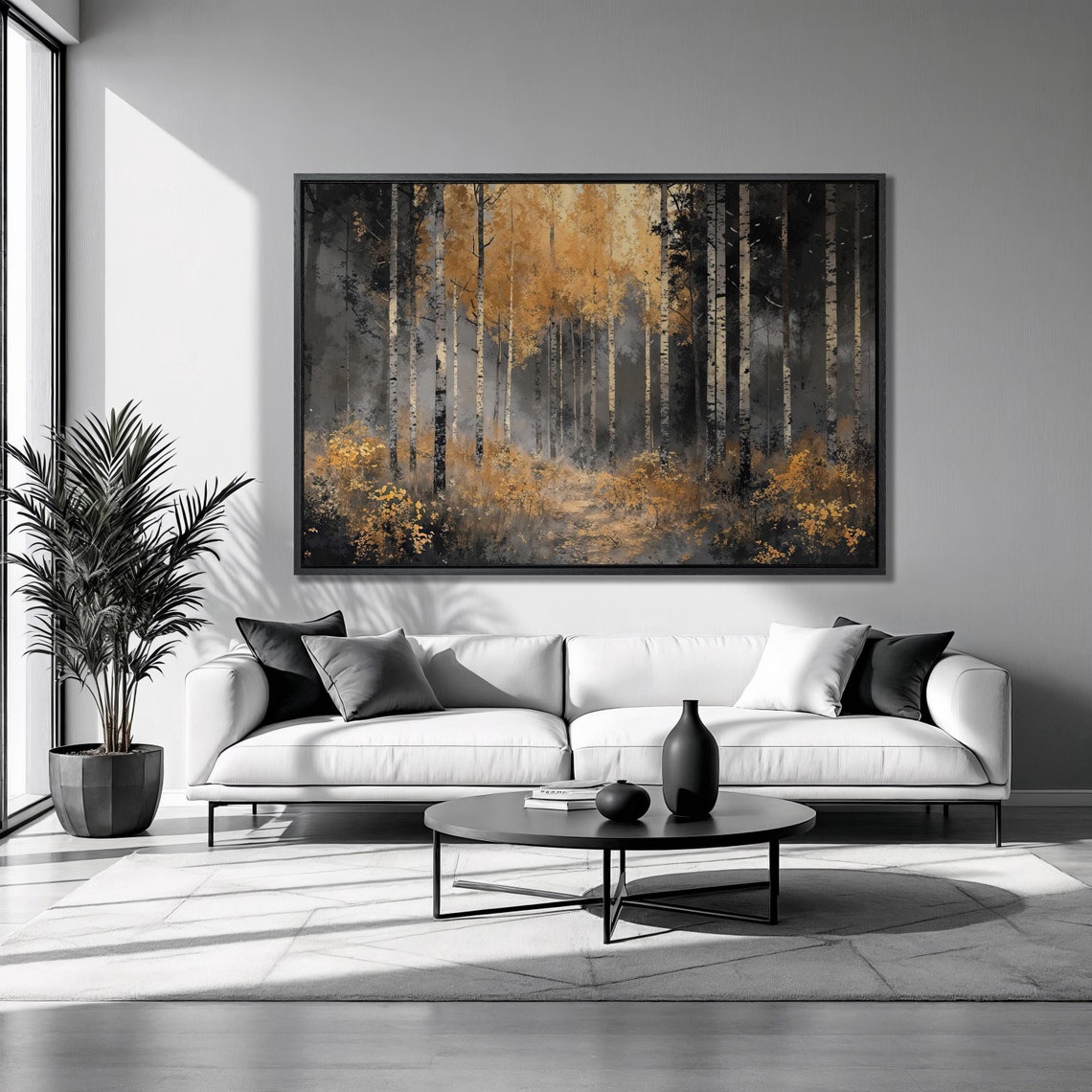Golden Autumn Birch Forest Dark Misty Trees Abstract Wall Art Poster