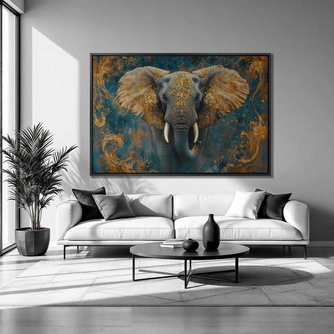 African Elephant Head On Gold Dust Teal Abstract Wildlife Wall Poster