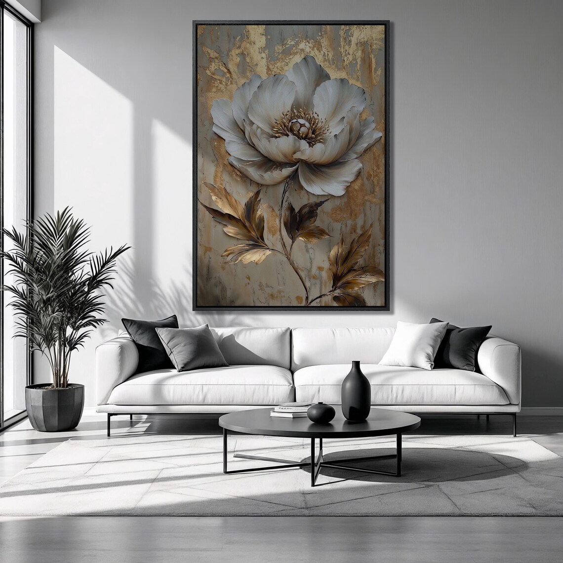 White Peony Bloom Gold Leaves Floral Luxury Vertical Botanical Poster