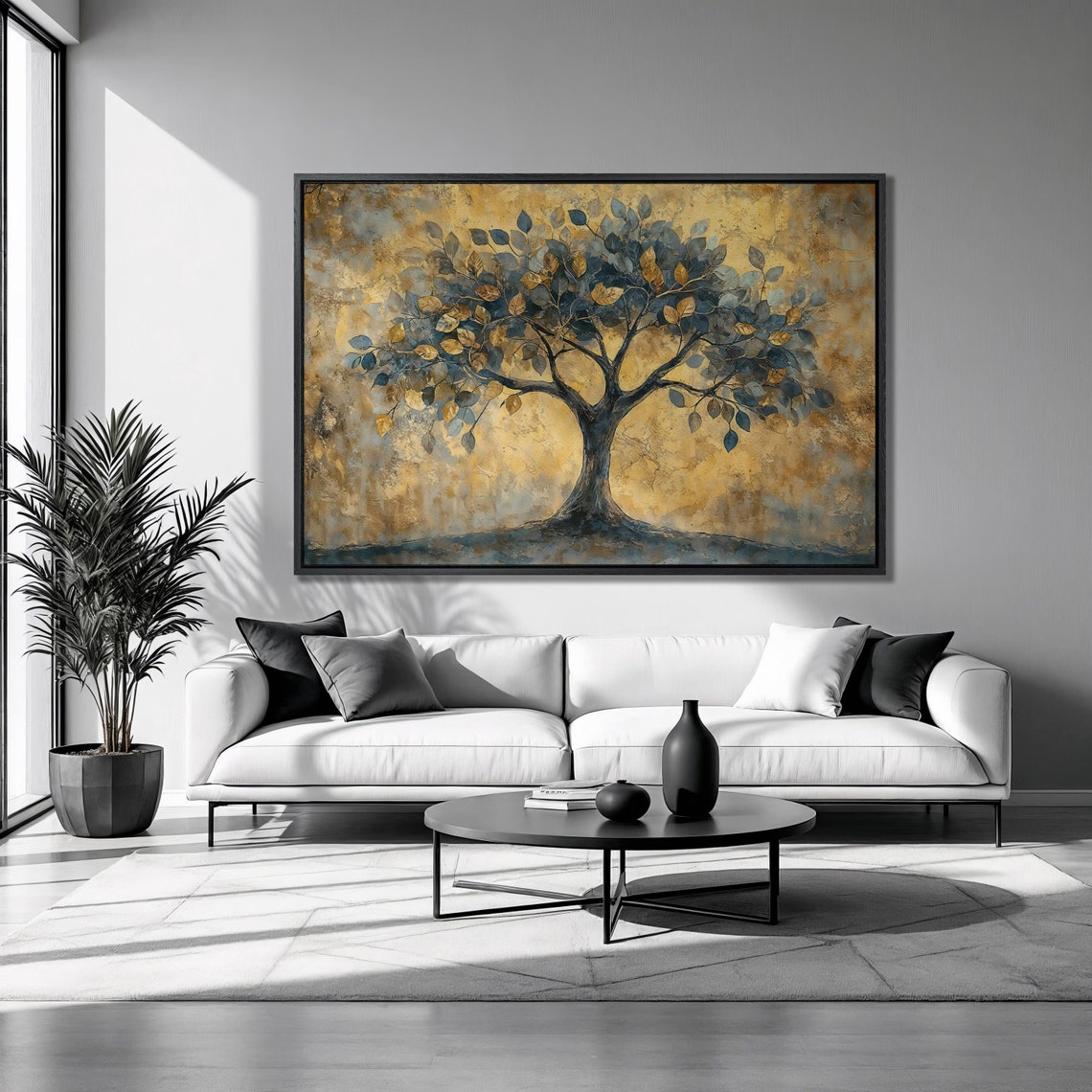 Tree With Blue Gray And Gold Leaves On Textured Gold Background Print