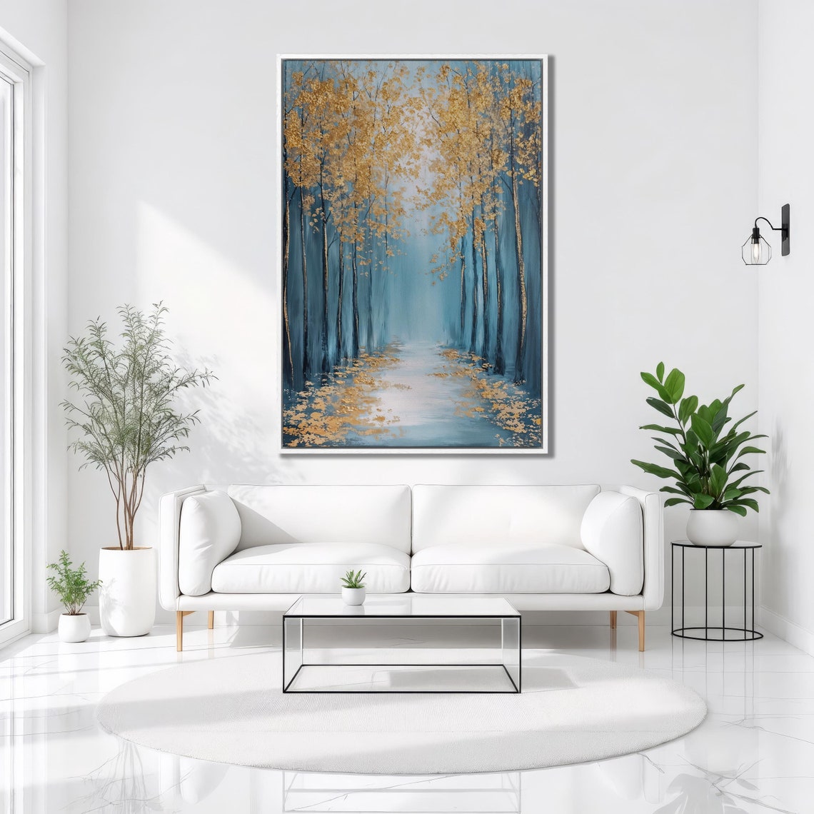 Serene Forest Pathway Golden Trees Teal Blue Abstract Wall Art Poster