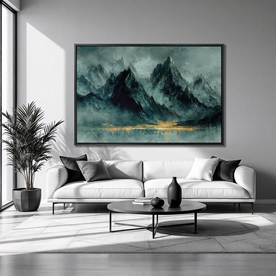 Misty Teal Mountains Golden Lake Light Panoramic Abstract Poster
