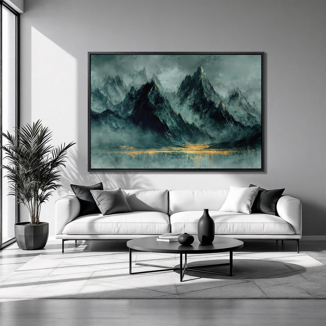 Misty Teal Mountains Golden Lake Light Panoramic Abstract Poster