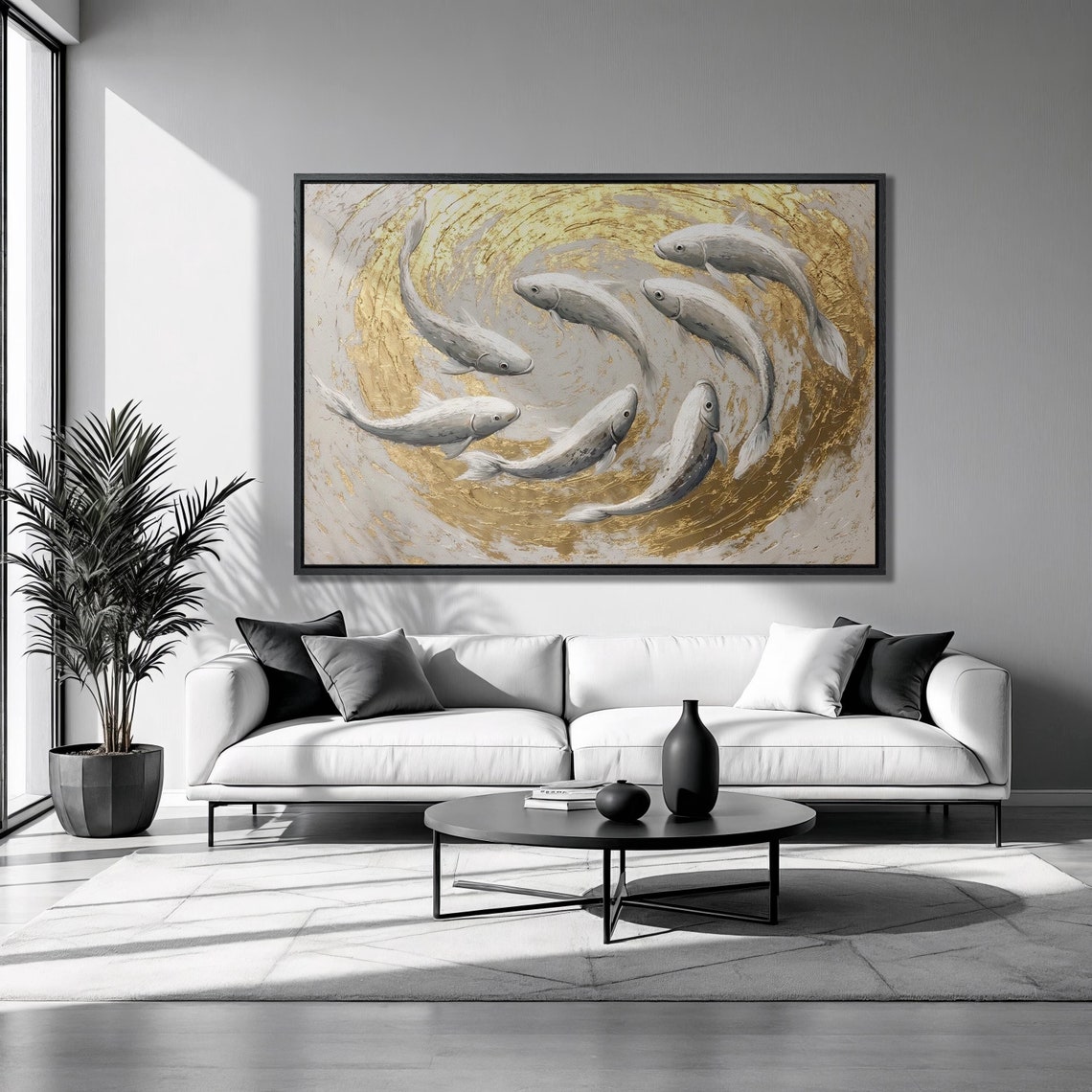 White Koi Fish Golden Swirl Circle Water Luxury Panoramic Poster