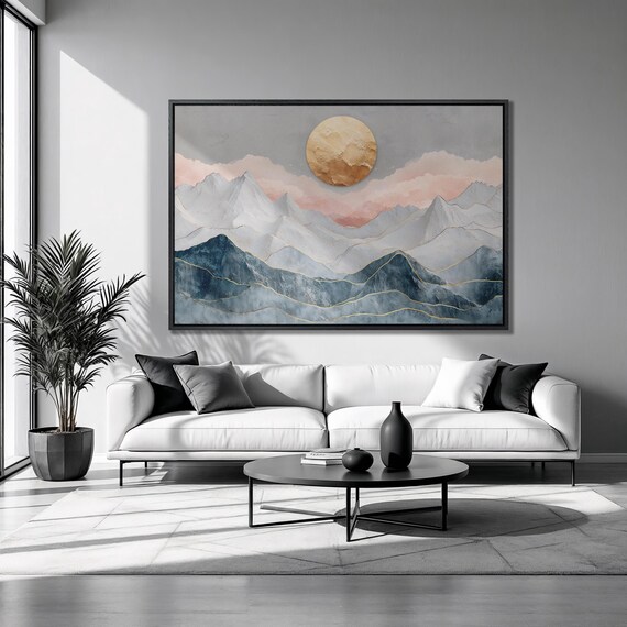 Blue Mountain Landscape Framed Print Dreamy Pink Clouds Luxury Art Golden Sun Painting Print Contemporary Decor Ready To Hang