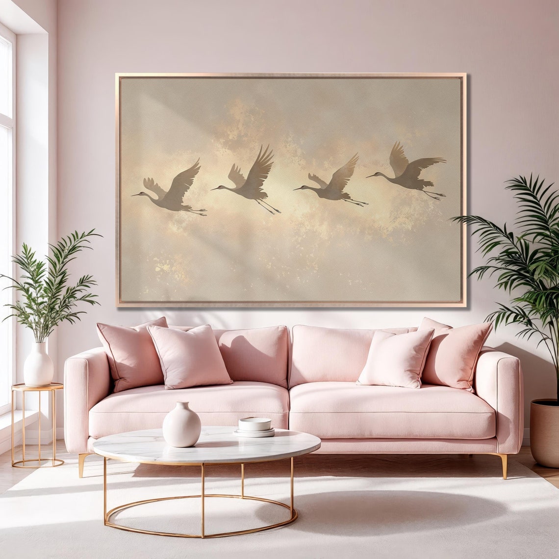 Flying Cranes Silhouette Golden Sky Minimalist Birds Wall Poster