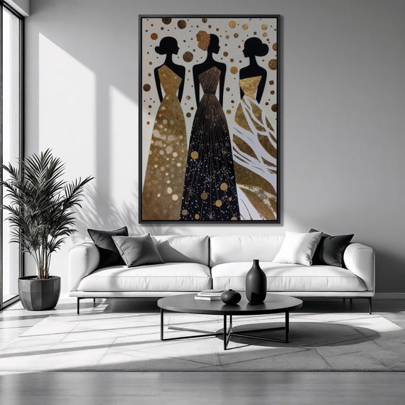 Stylish Women Silhouette Framed Print Abstract Beauty Luxury Art Black Gold Lady Painting Print Fashion Decor Ready To Hang