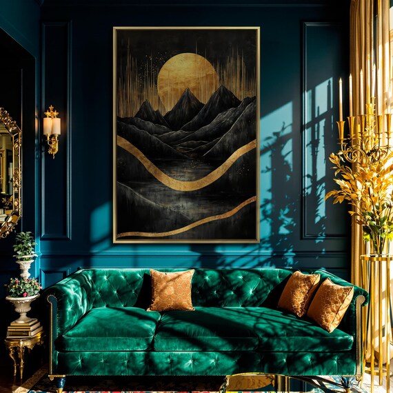 Golden Moon Framed Print Black Mountain Landscape Luxury Art Abstract Painting Print Home Aesthetic Decor Gift Ready To Hang