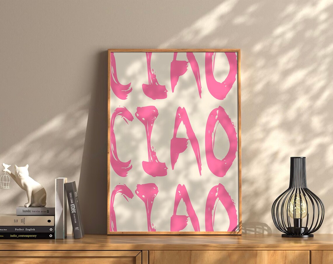 Ciao Ciao Ciao Pink Brush Lettering Italian Quote Retro Wall Art