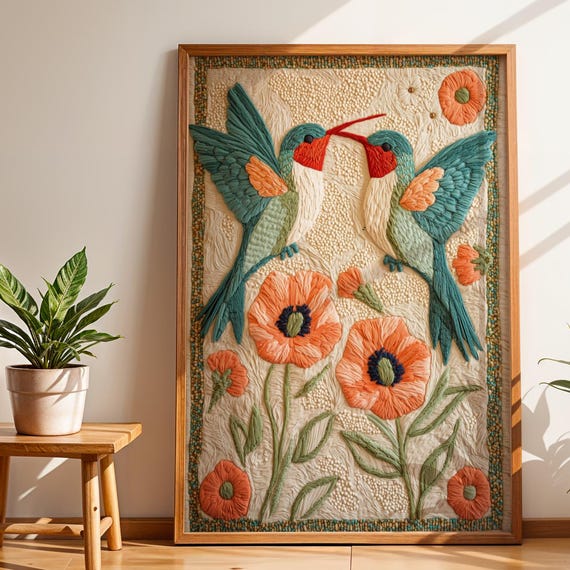 Hummingbird Folk Art Print Scandinavian Floral Bird Illustration