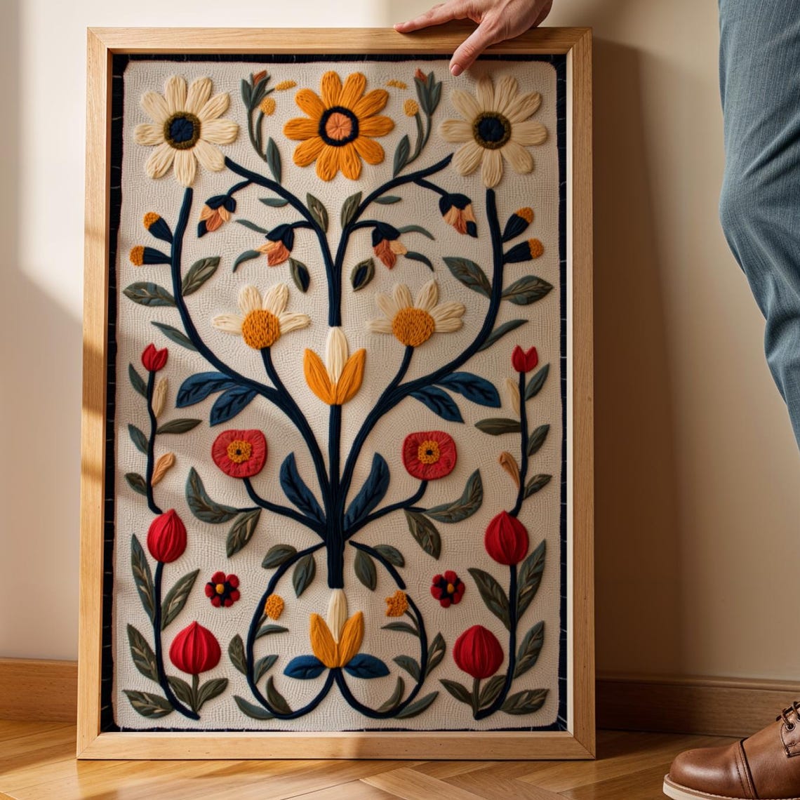 Scandinavian Folk Floral Tree Embroidery Style Boho Art Print