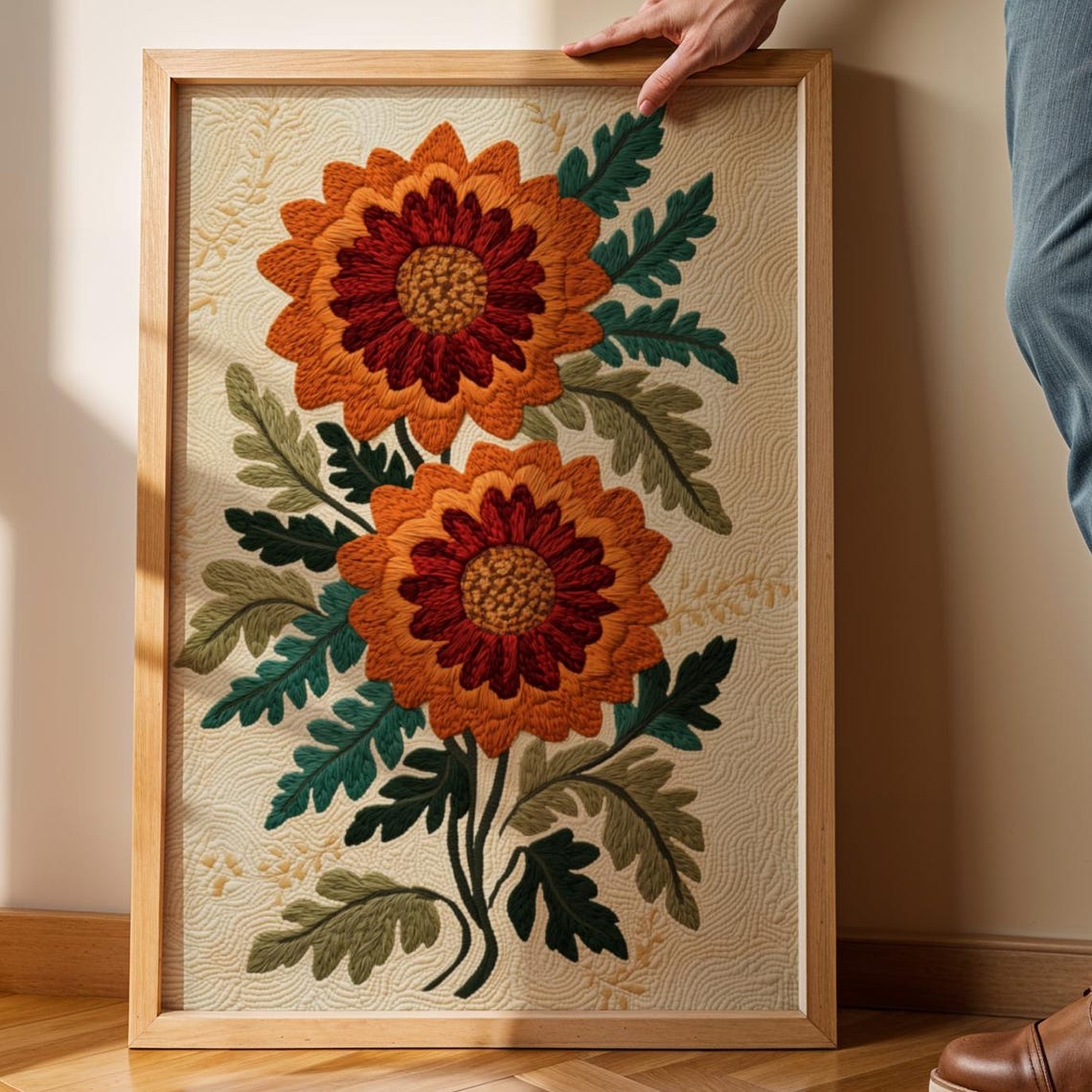 Rustic Embroidered Stitched Sunflower Folk Bloom Craft Poster
