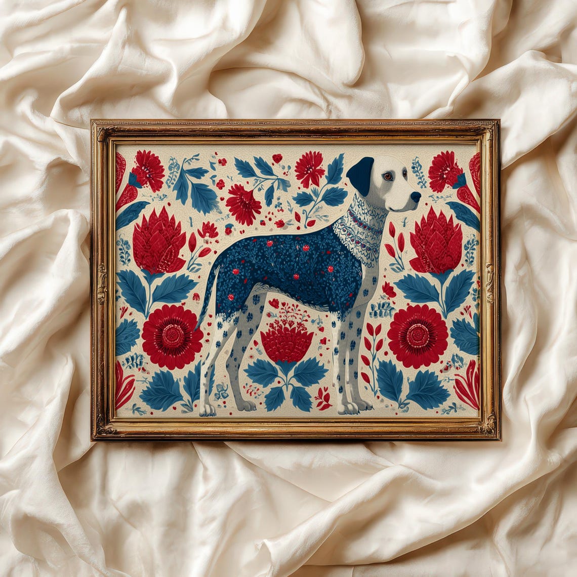 Folk Art Dalmatian Print Chinoiserie Dog Botanical Poster