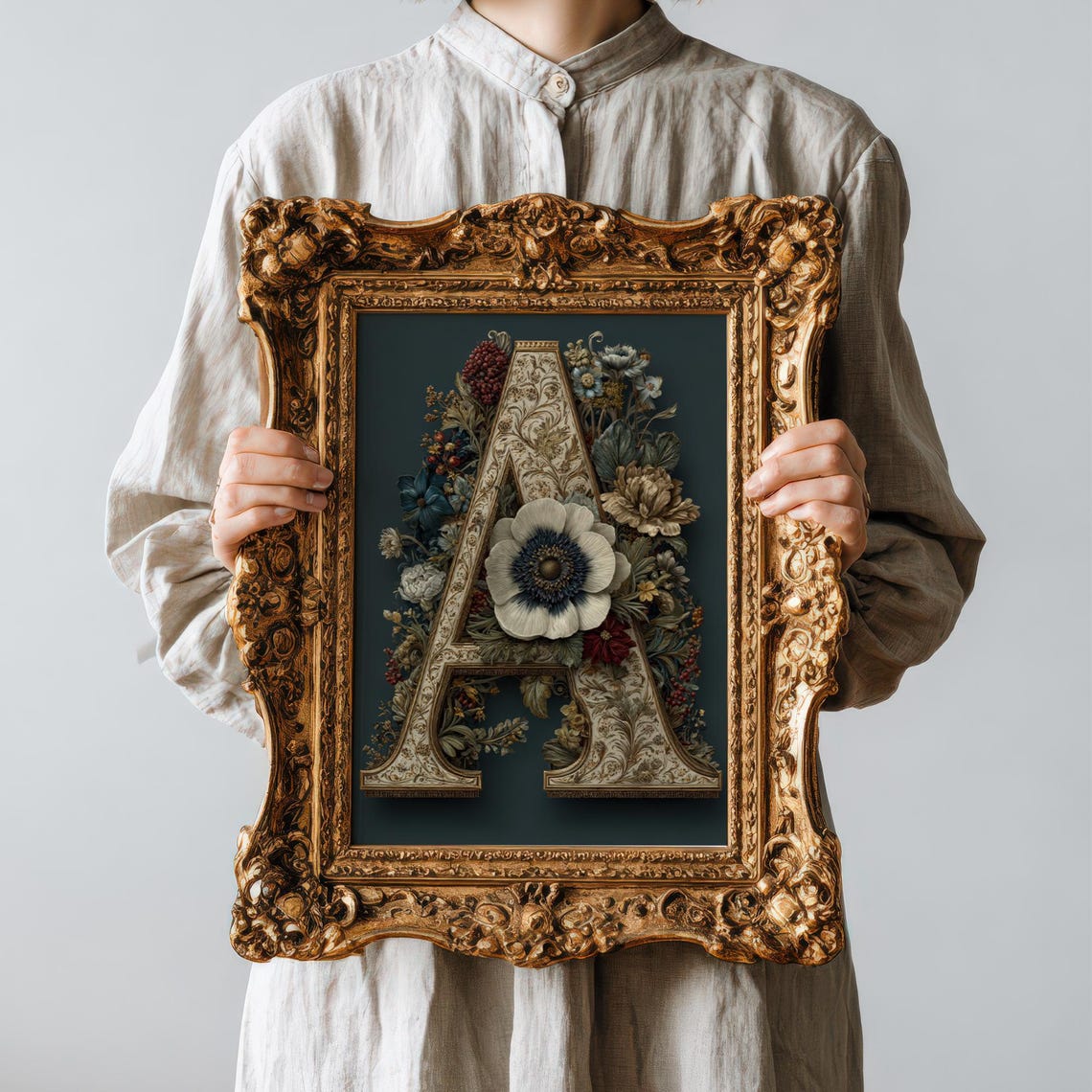 Dark Botanical Floral Letter A Poster Moody Victorian Monogram Art
