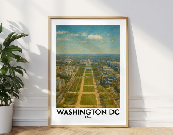 Washington Dc Usa Travel Poster National Mall Aerial View Wall Art Vintage Cityscape Decor Capitol City Gift Oil Paint