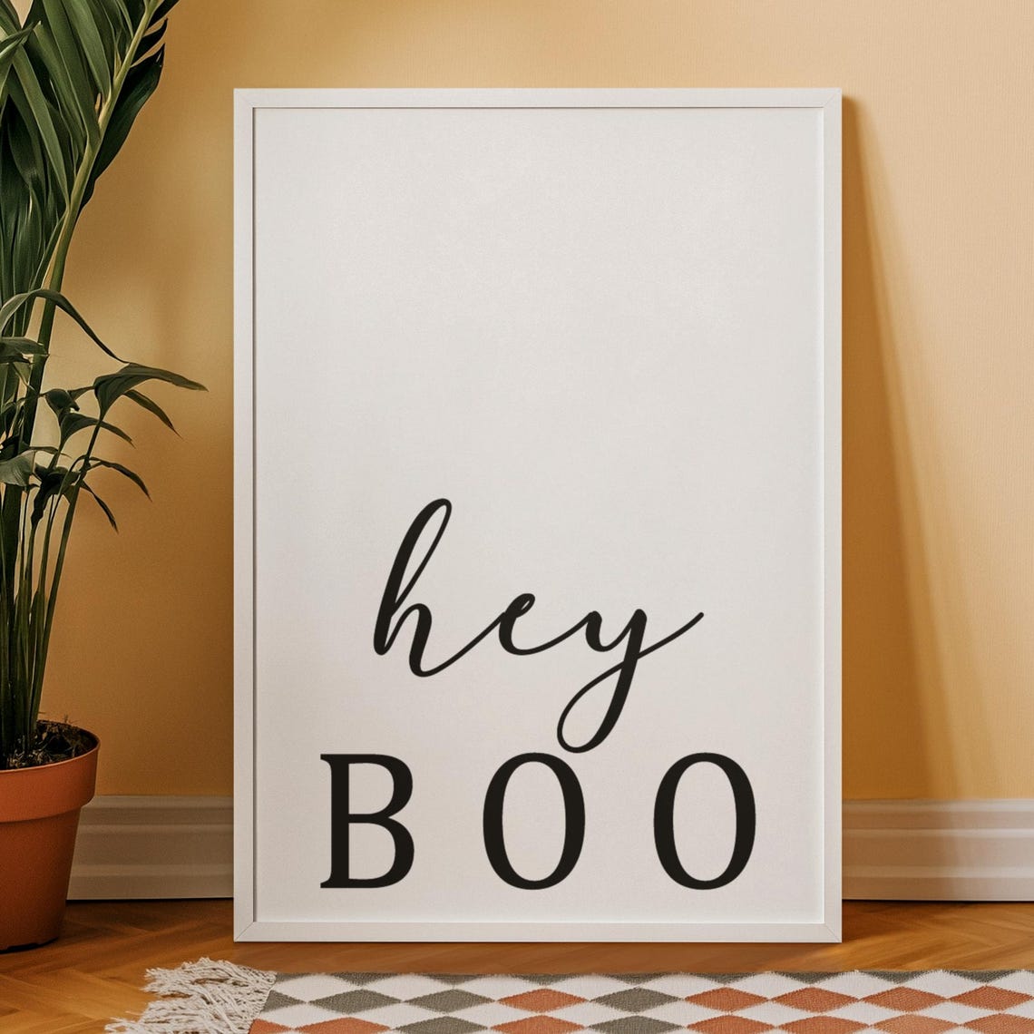 Hey Boo Minimalist Halloween Typography Poster in Black and White