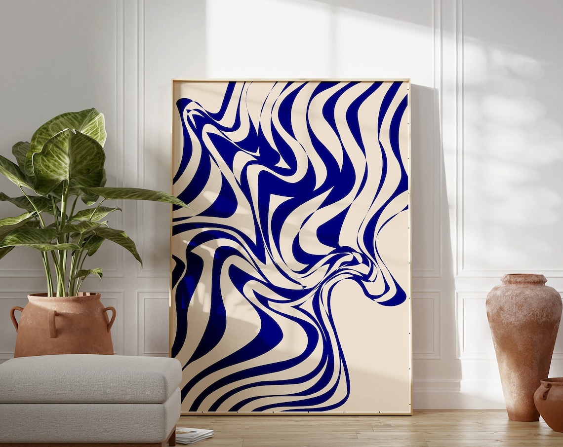 Abstract Blue Wavy Line, Minimalist Art Print