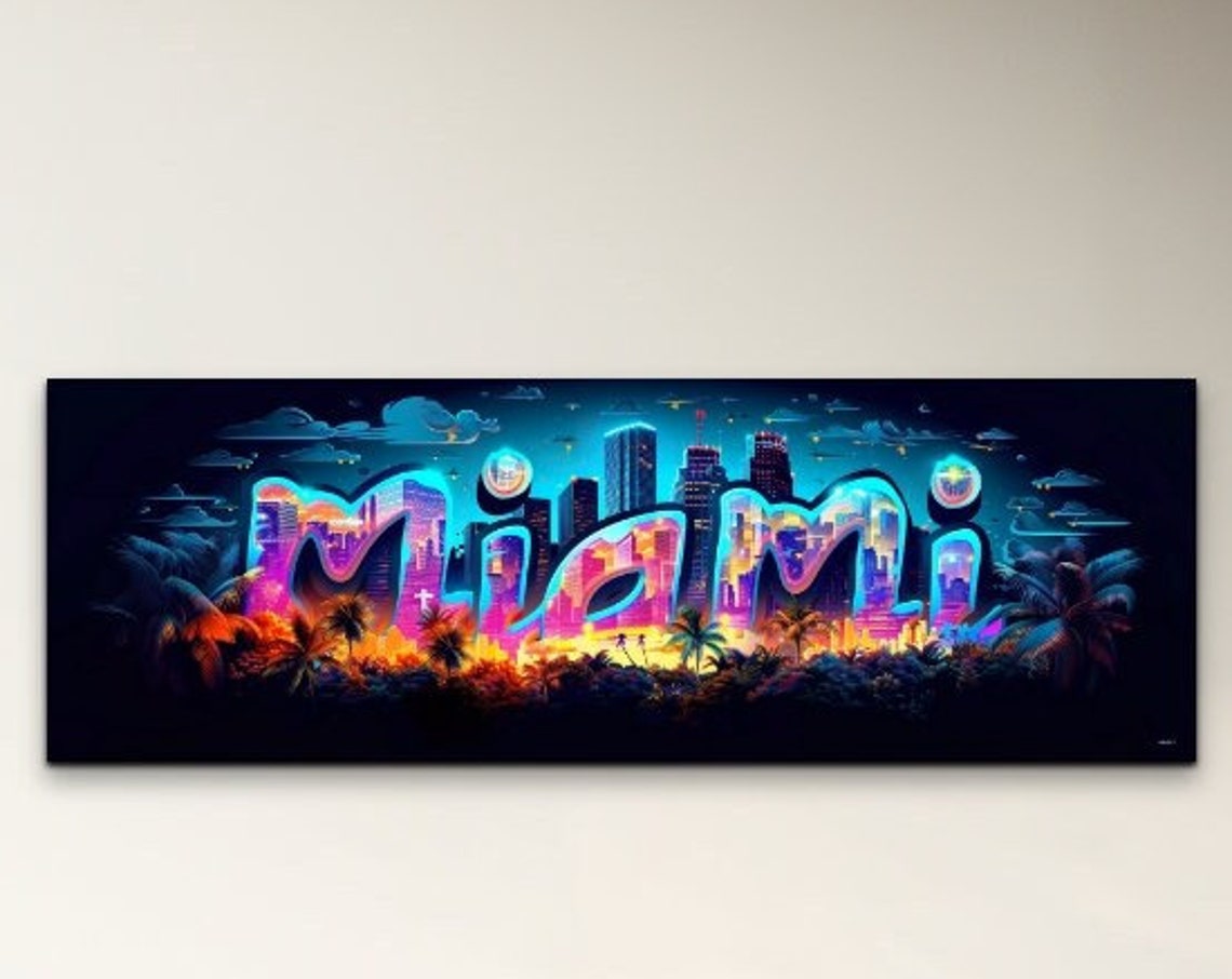 Miami Neon Lettering Night Skyline Panoramic City Glow Poster
