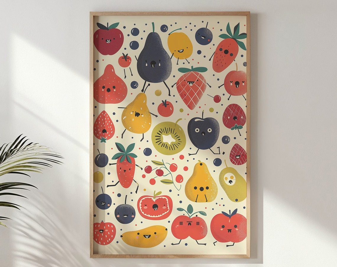 Kawaii Smiling Fruit Characters Pattern Playful Kids Room Poster
