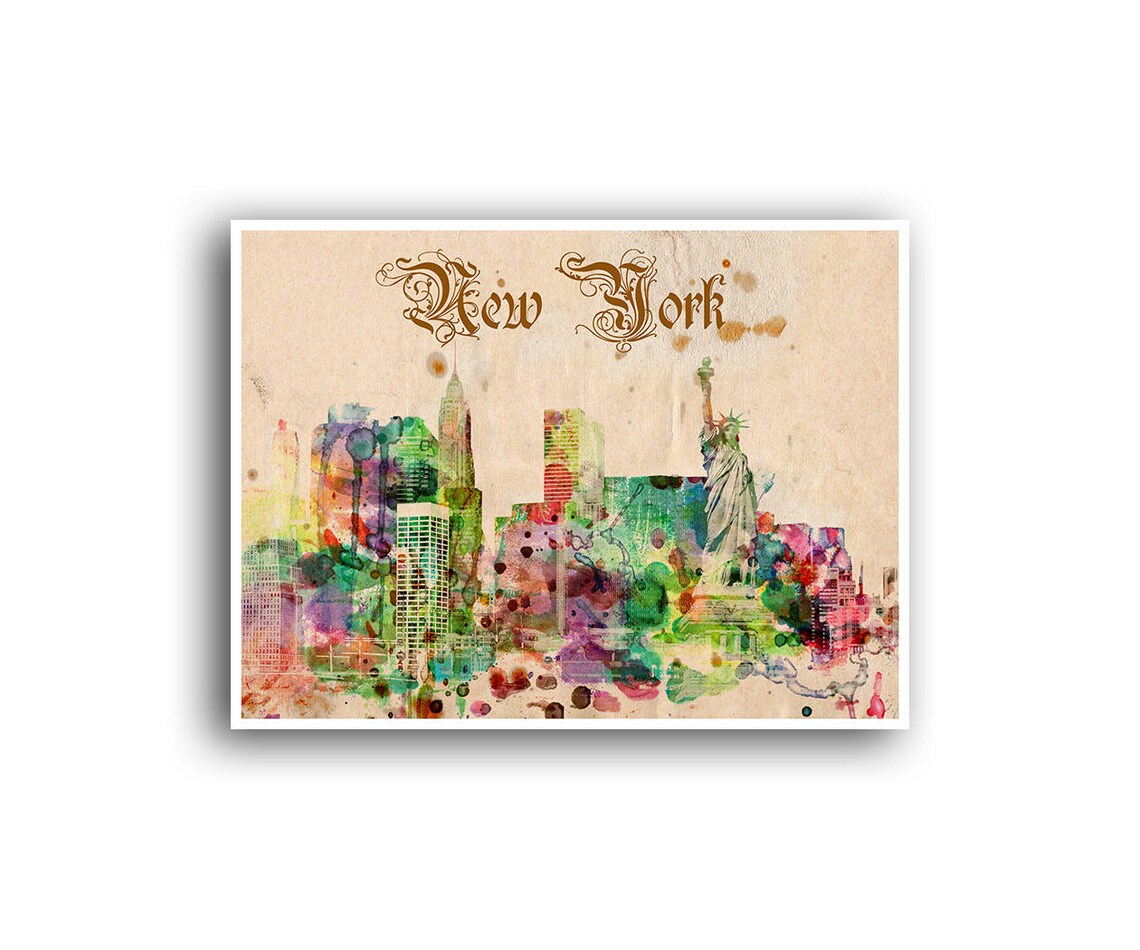 New York Skyline Watercolor Statue of Liberty City Art Poster - Image 2