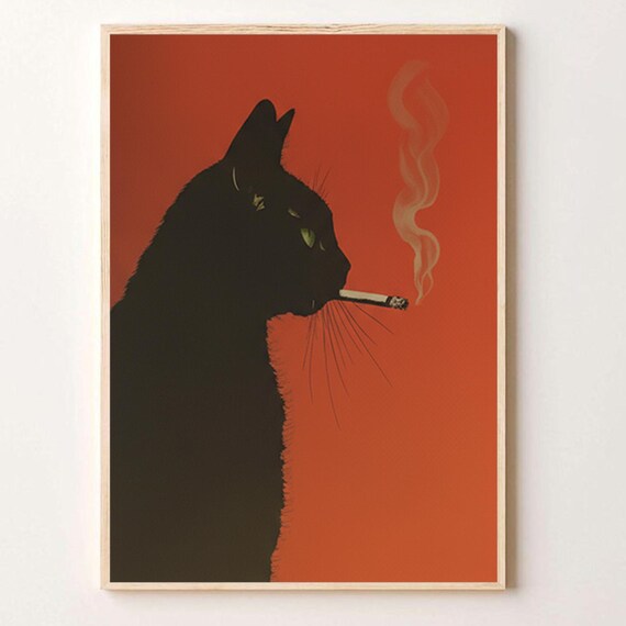 Vintage Black Cat Smoking Poster Funny Whimsical Retro Wall Art Original Decoration For Living Room