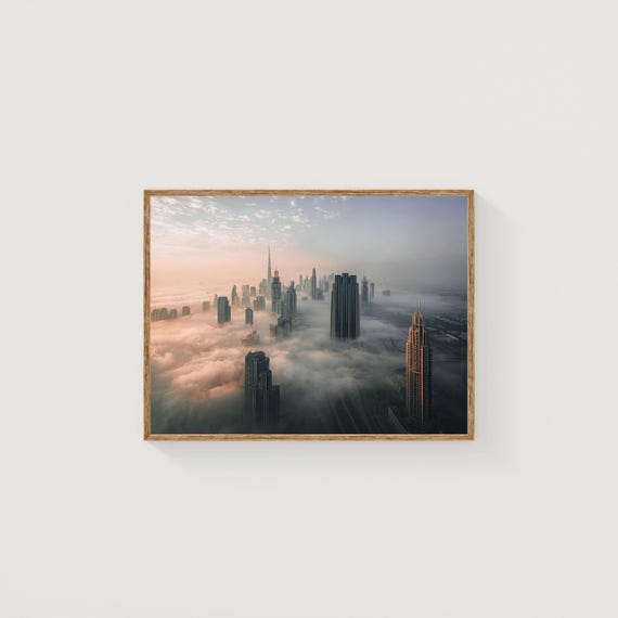 Dubai Skyline Fog Print Burj Khalifa Sunrise Cityscape Wall Art